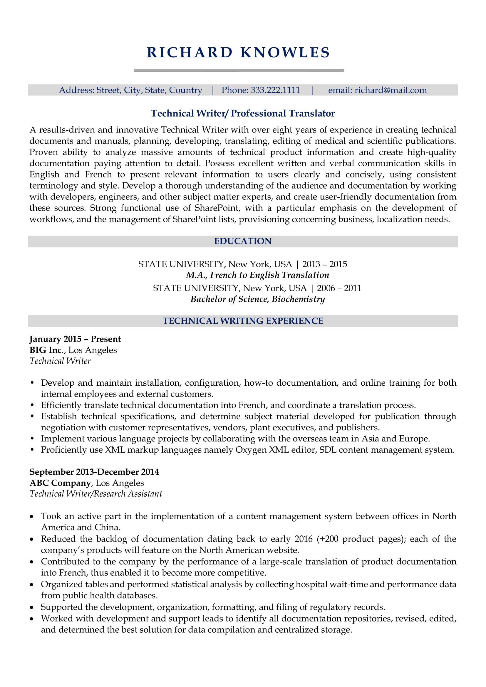 Professional resume sample